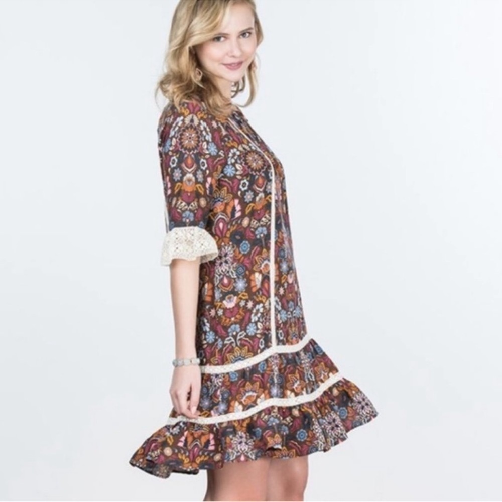 Matilda Jane Dress Brown Floral Lace Size XL Bohemian Intermission Ruffle